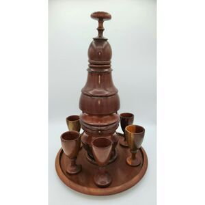 Wooden Decanter with 6 Wooden Goblets Two Compartments with Tray